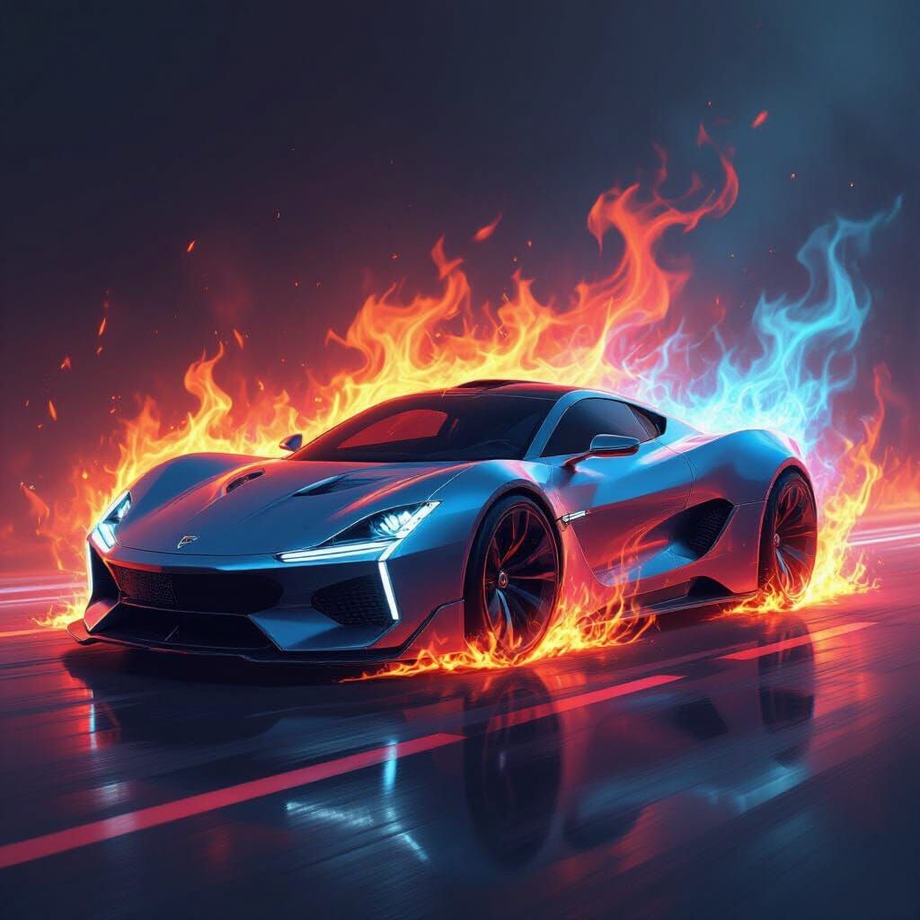 Futuristic Car Ablaze in Red and Blue Flames
