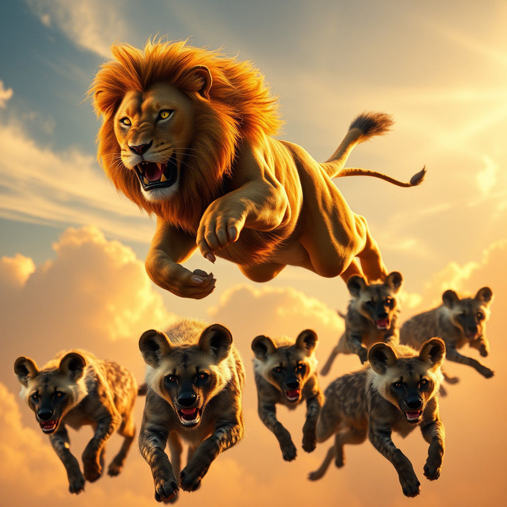 Lion Soaring Through Sky in Pursuit of Hyenas