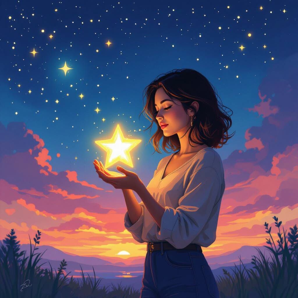 Woman Holds Glowing Star in Dreamy Nightscape