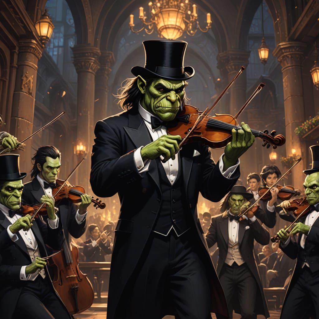 Elegant Orcs in Tuxedos Play Violins Under Dramatic Lighting