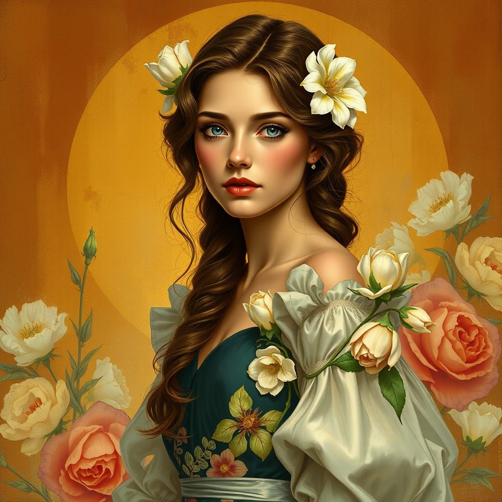 Blonde Girl in Floral Dress, Art Nouveau Style