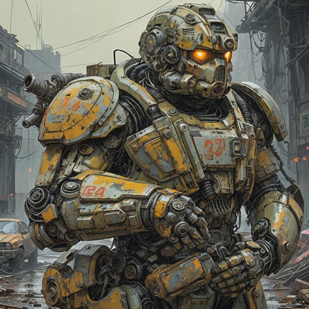 battle damaged power armor, tarnished metal