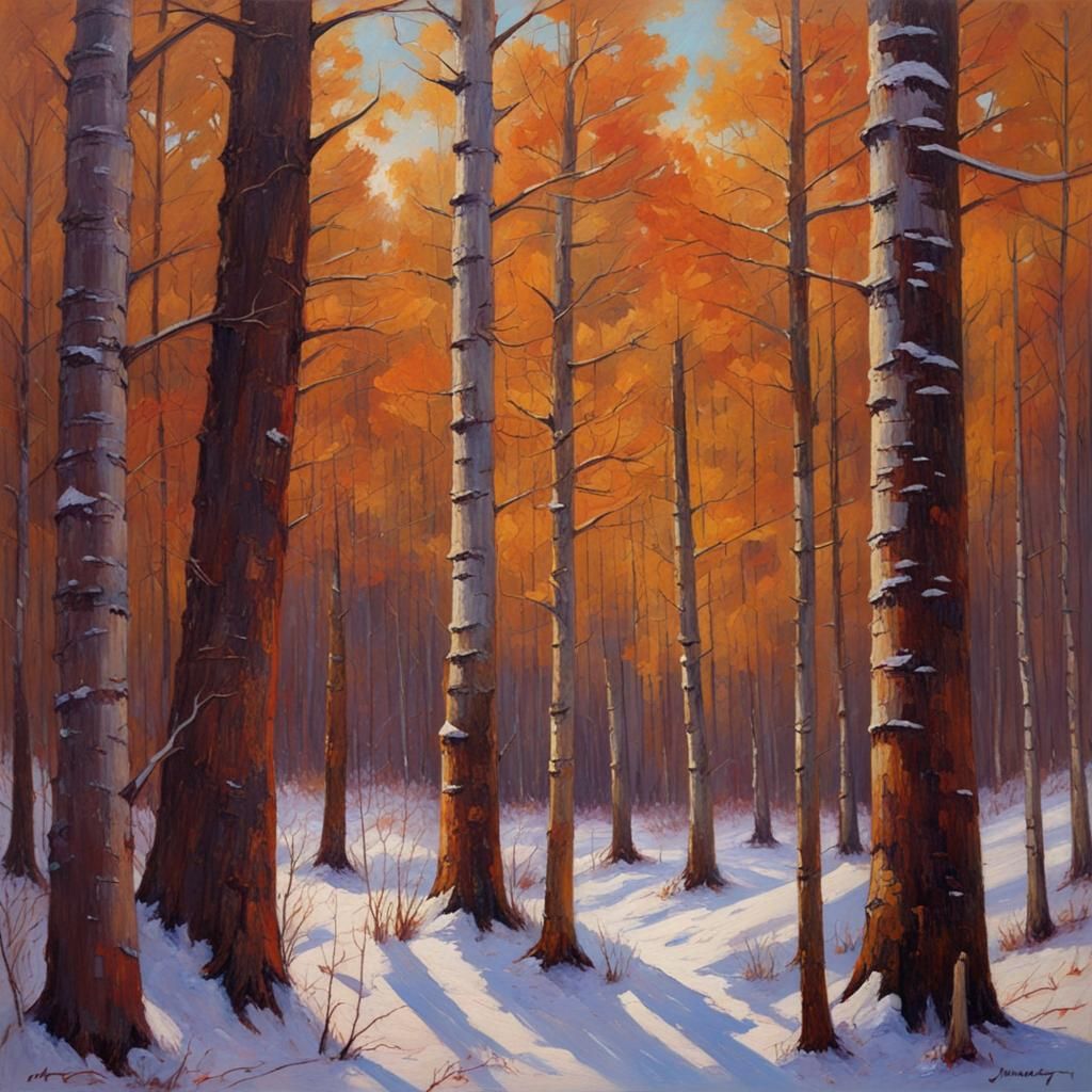 Winter Forest in Canada: An Oil Painting
