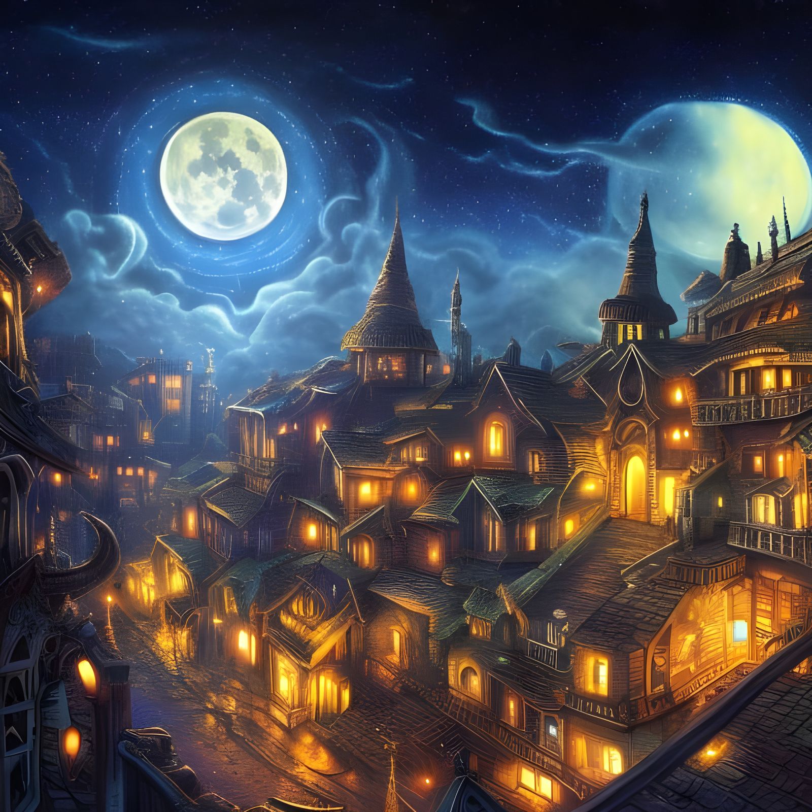 Clock Tower Under Two Moons in Fantasy Landscape