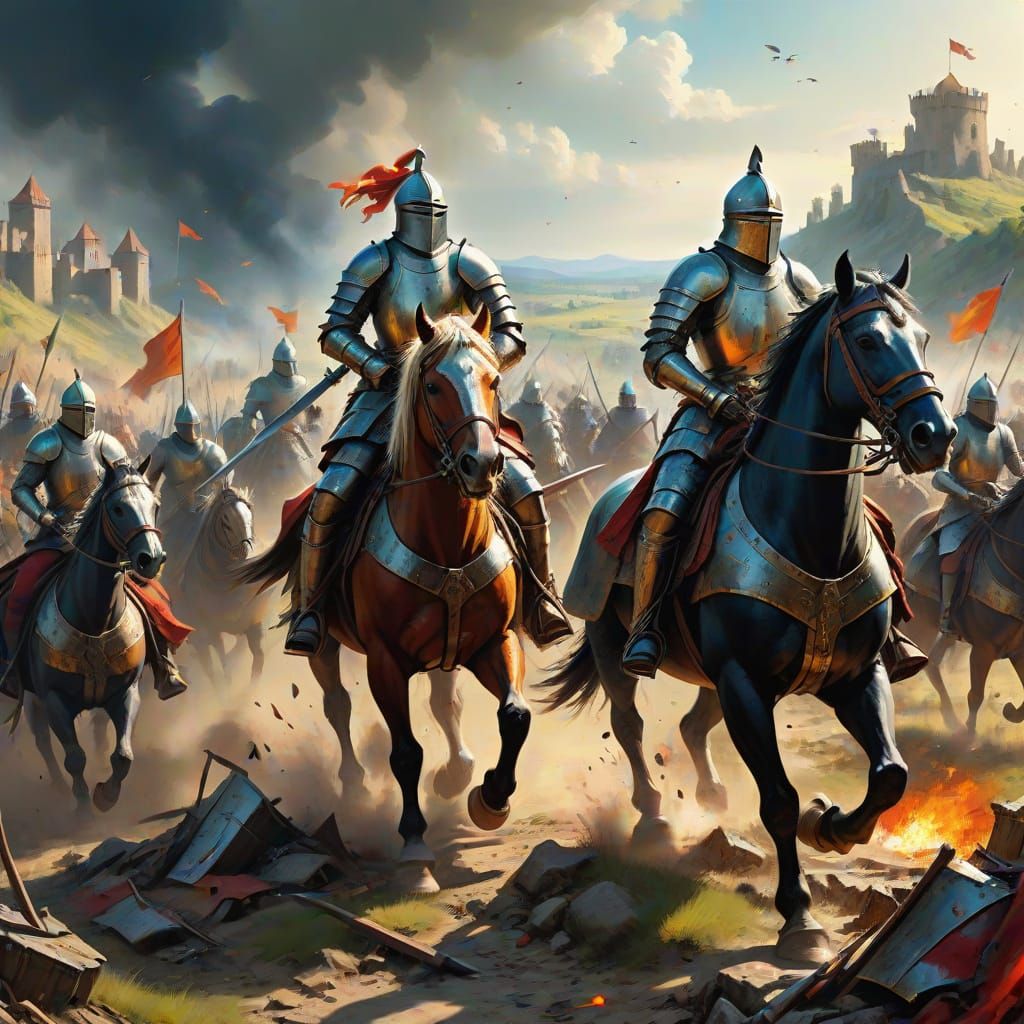 Epic Medieval Battle Scene in Vibrant Oil Painting Style