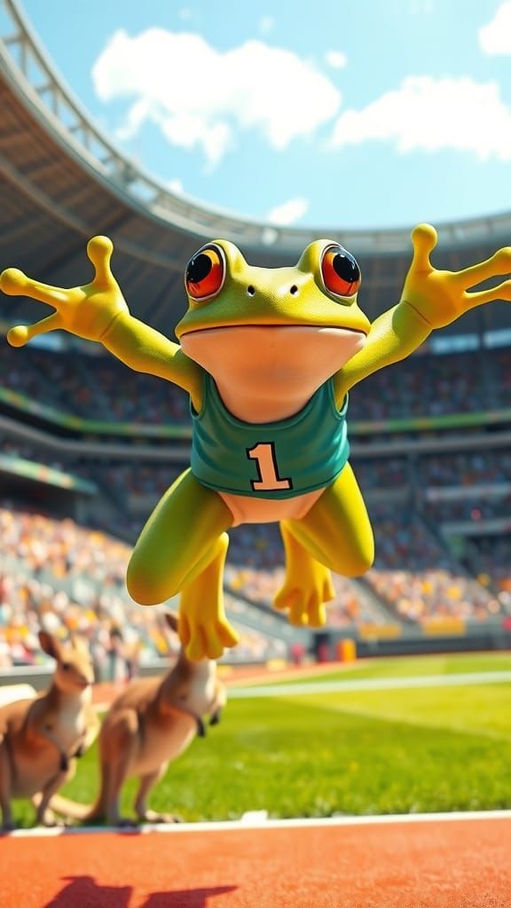 Frog Athlete in Mid-Jump, Stadium Surrounds