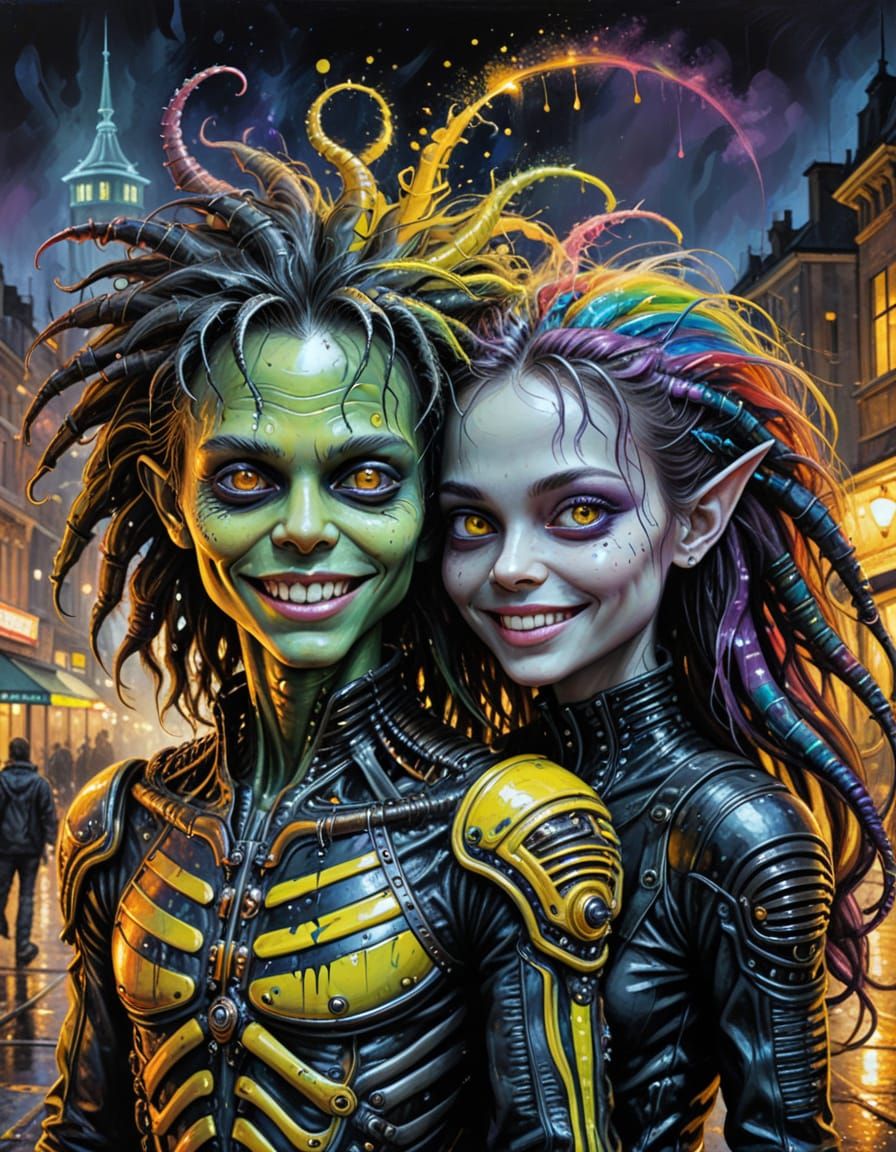 Steampunk Xenomorphs in Cityscape, Oil Painting Style