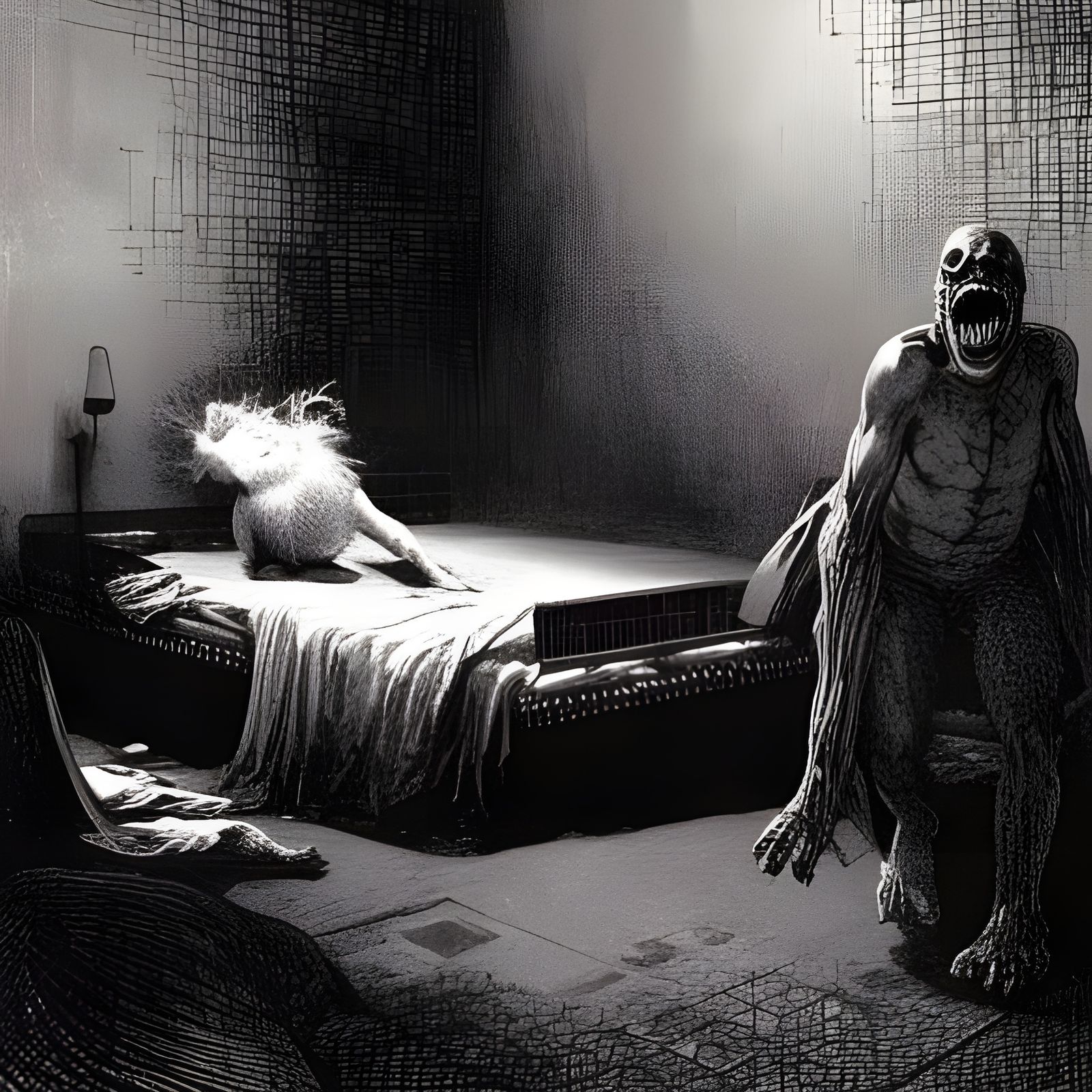 A creepy monster crawling on the floor near a bed. There's a young teen in the bed terrified.