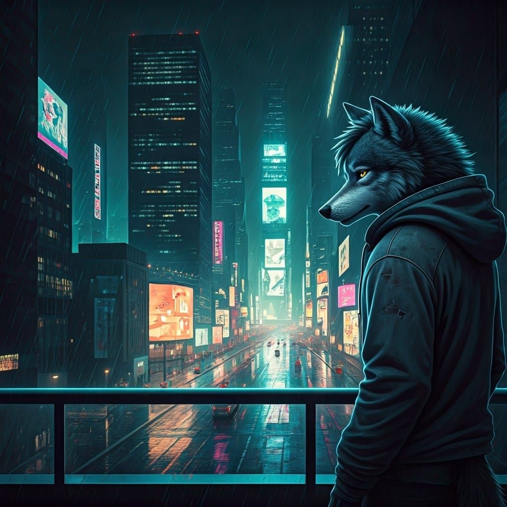 Grey Wolf Lost in City Skyscrapers