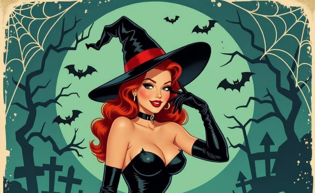 Redhead Witch Pin-Up in Vintage Comic Style