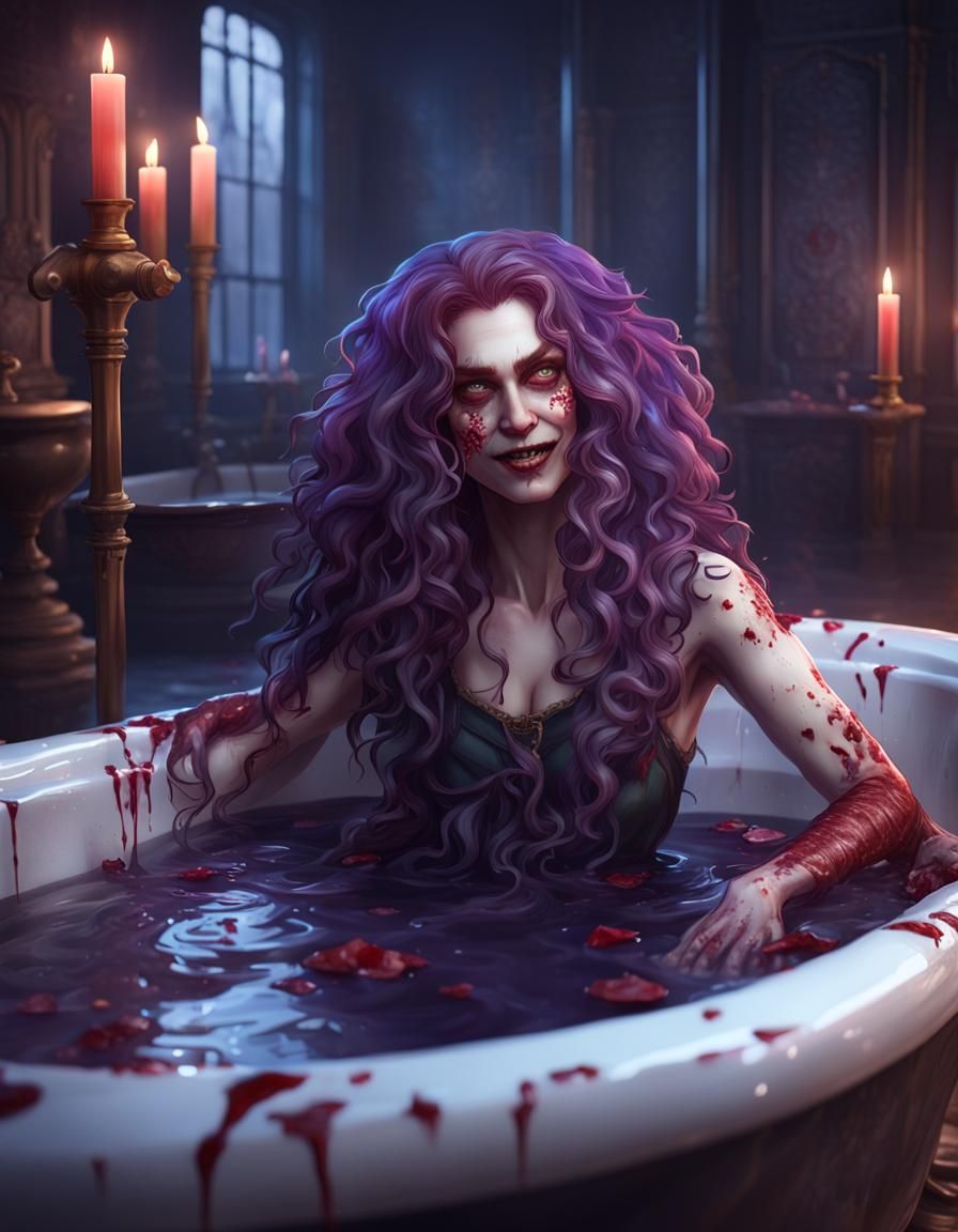 Vampire Woman in Blood Bath, Hyperdetailed Portrait