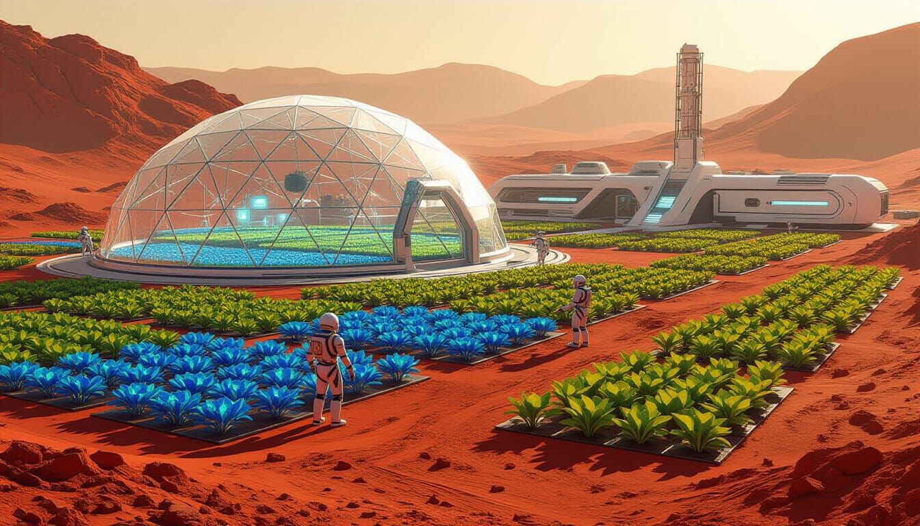 Glowing Martian Greenhouse Ecosystem in Biodome