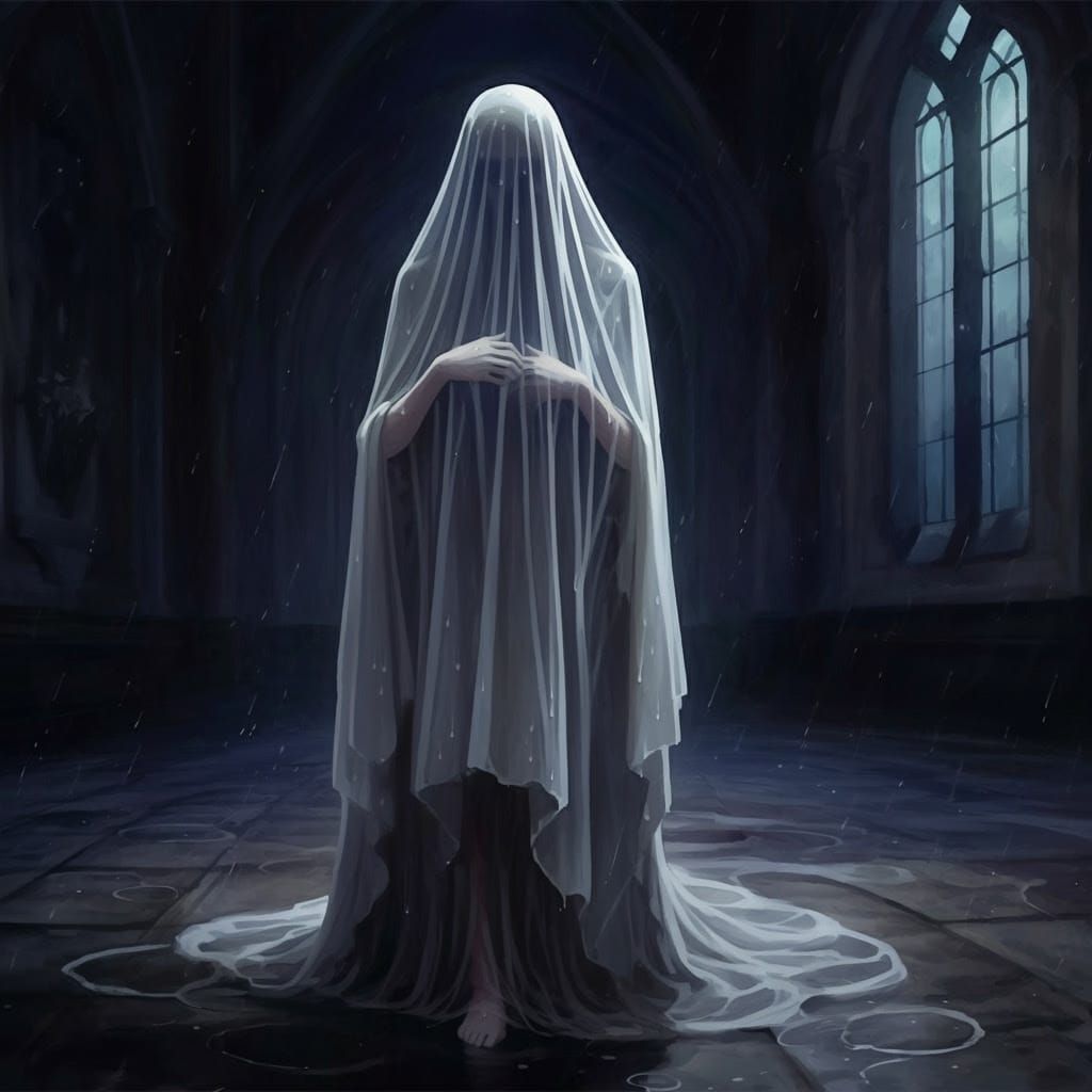 Ghostly Figure Wrapped in Wet White Fabric Strolls Through a...