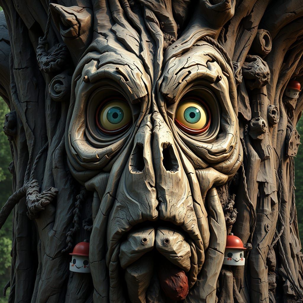 Gnarled Tree Trunk with Cubist-Inspired Expression