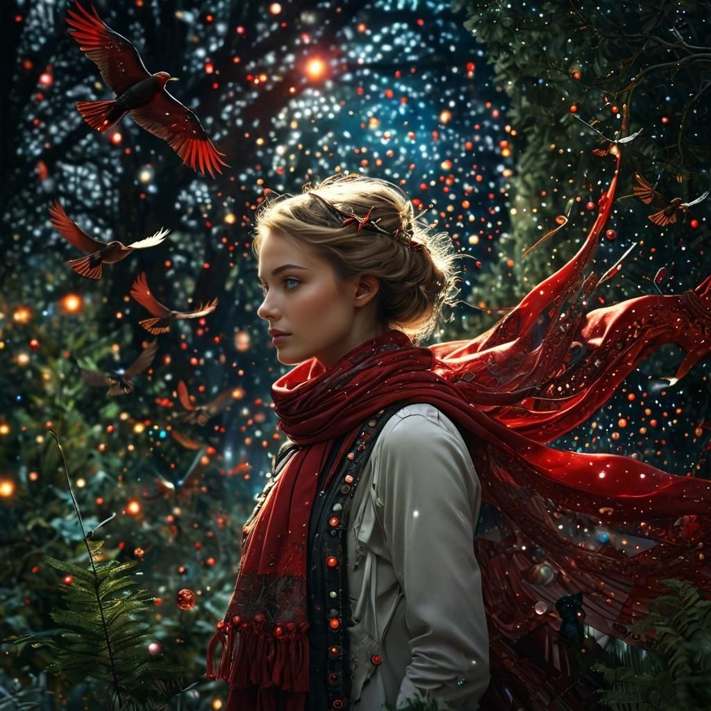 Cyborg Woman with Red Scarf in Cosmic Forest