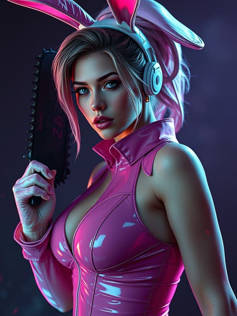 Hyper-Realistic Portrait of a Bunny-Suited Woman with a Chai...