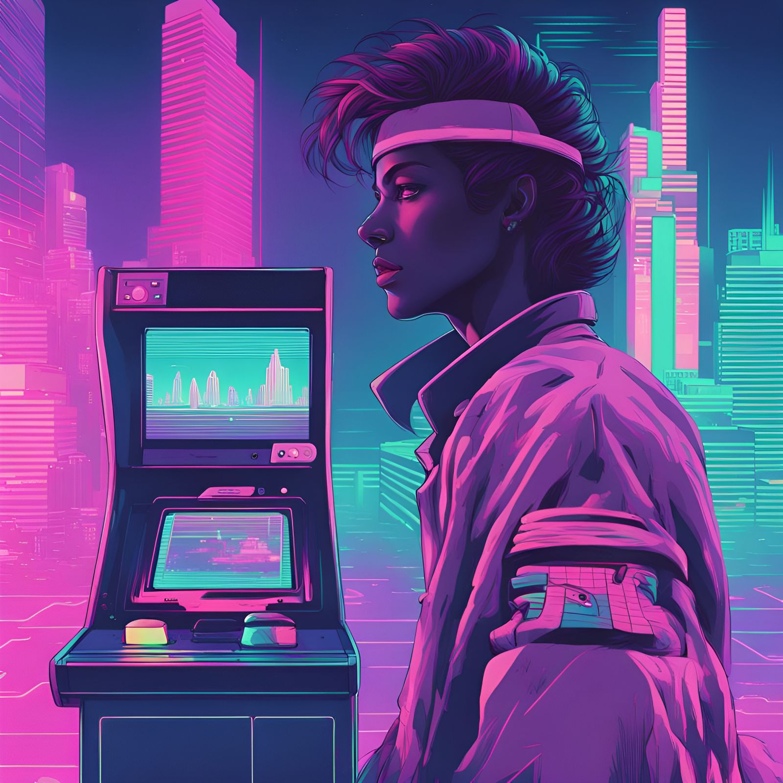 Retro Vaporwave Quest in Neon Cityscape