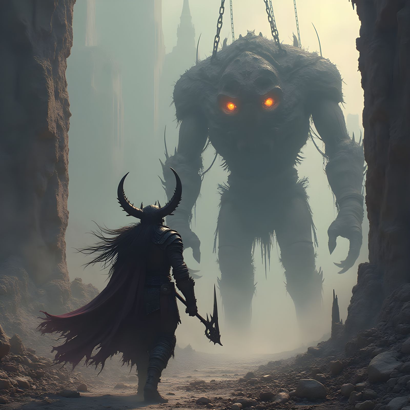 Warrior Marches Toward Rotting Abomination in Desolate, Ash-...