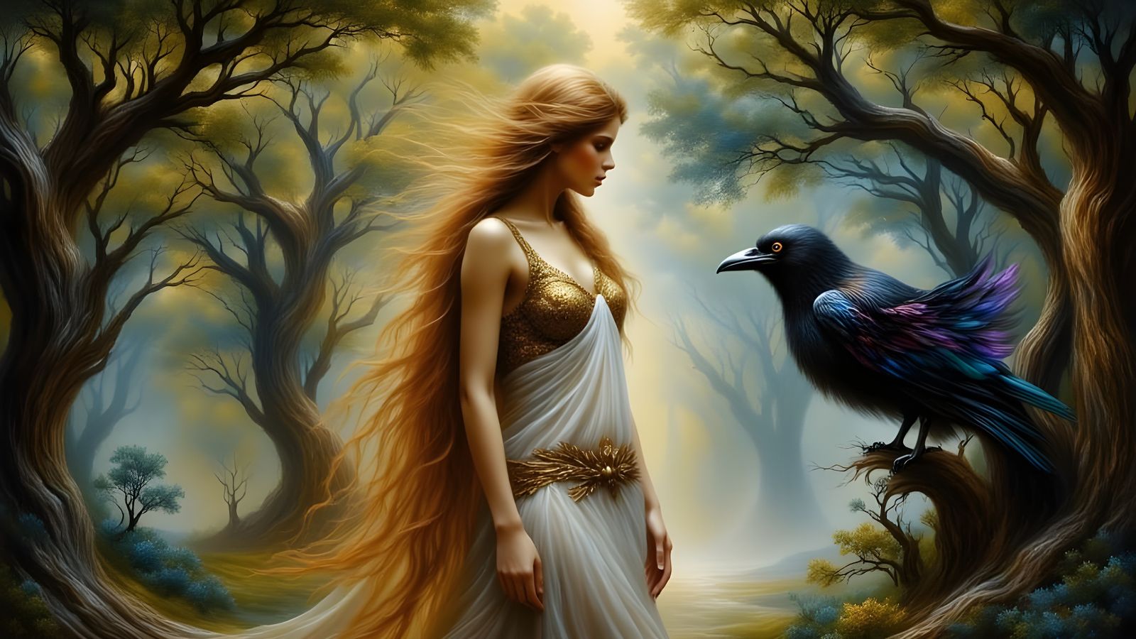 Mystical Greek Goddess in a Whimsical Forest of Dryads