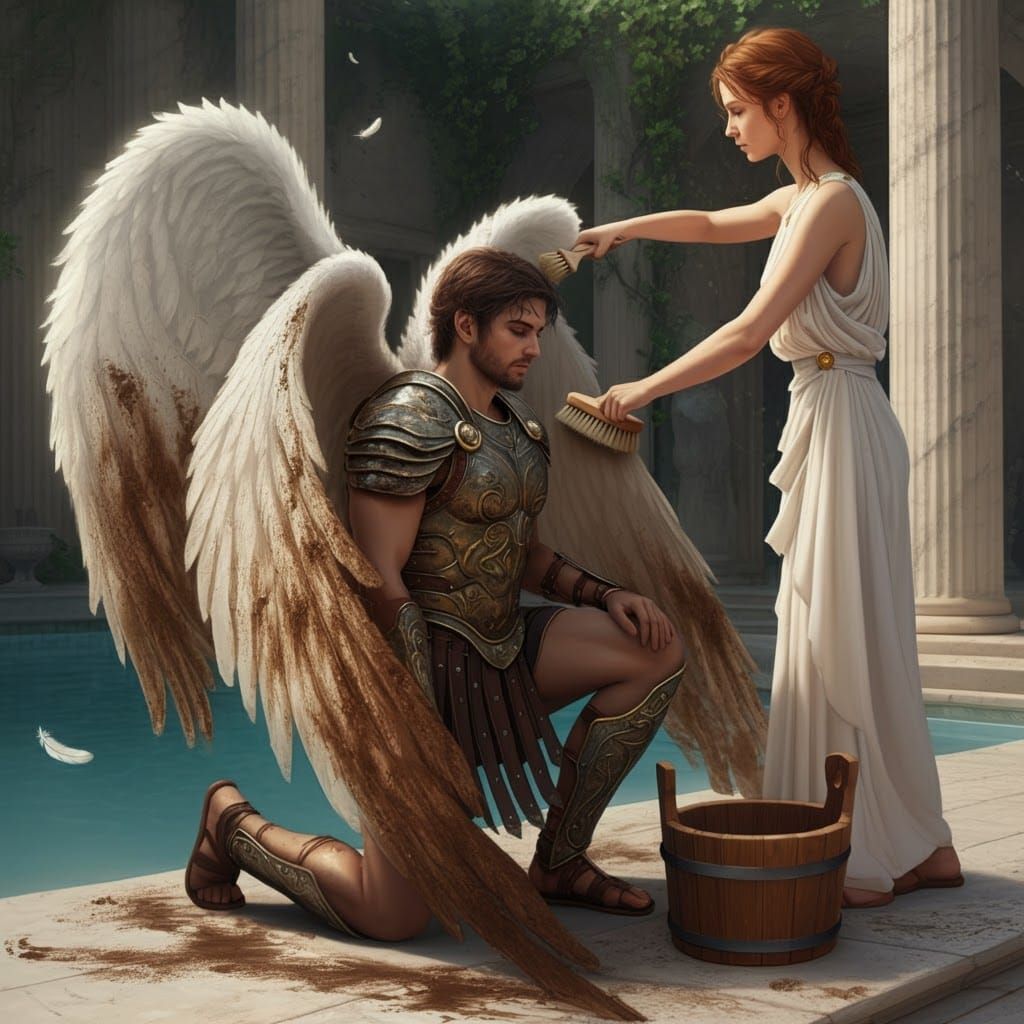 Maiden Cleans Angel Wings in Courtyard