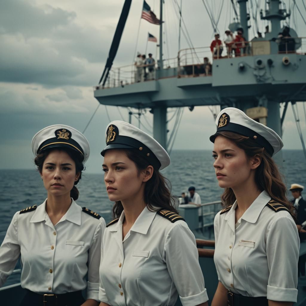 Cinematic Film Still of Female Sailors at Sea
