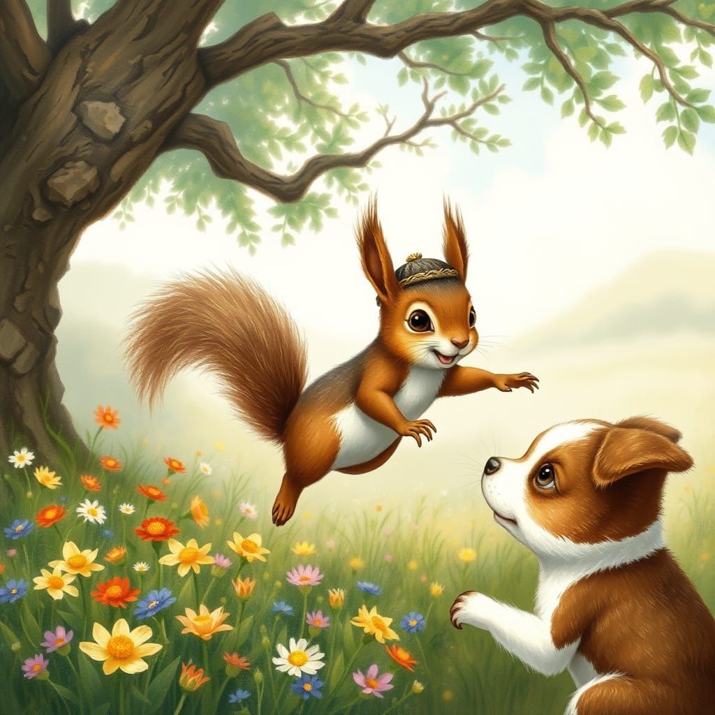 Squirrel's Playful Pounce in Flowery Field