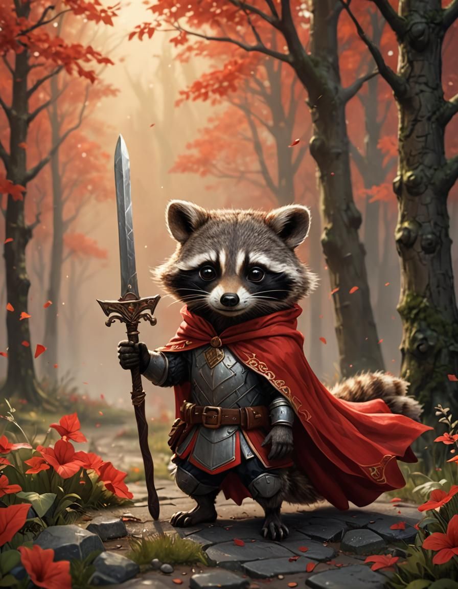 Hyperdetailed Raccoon Knight with Flowing Red Cape