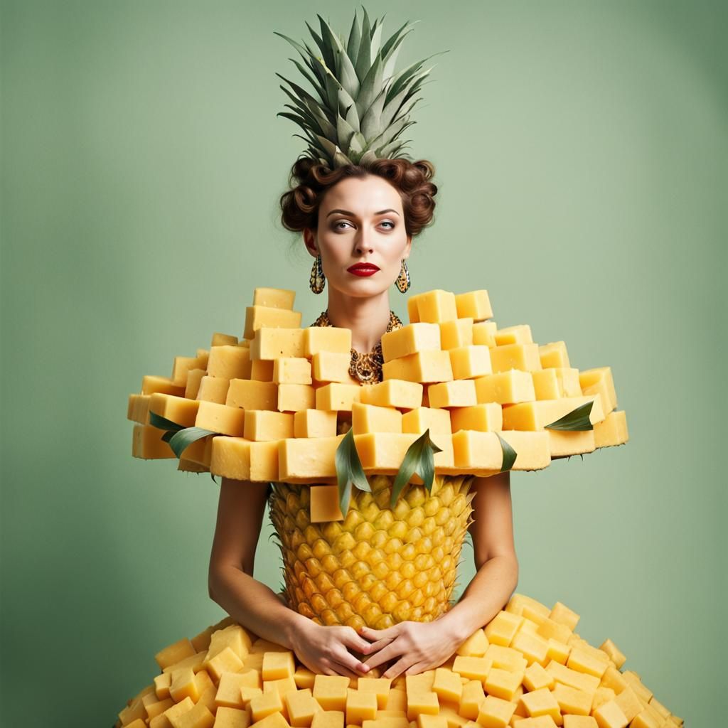 Woman in Cheese and Pineapple Fashion Portrait