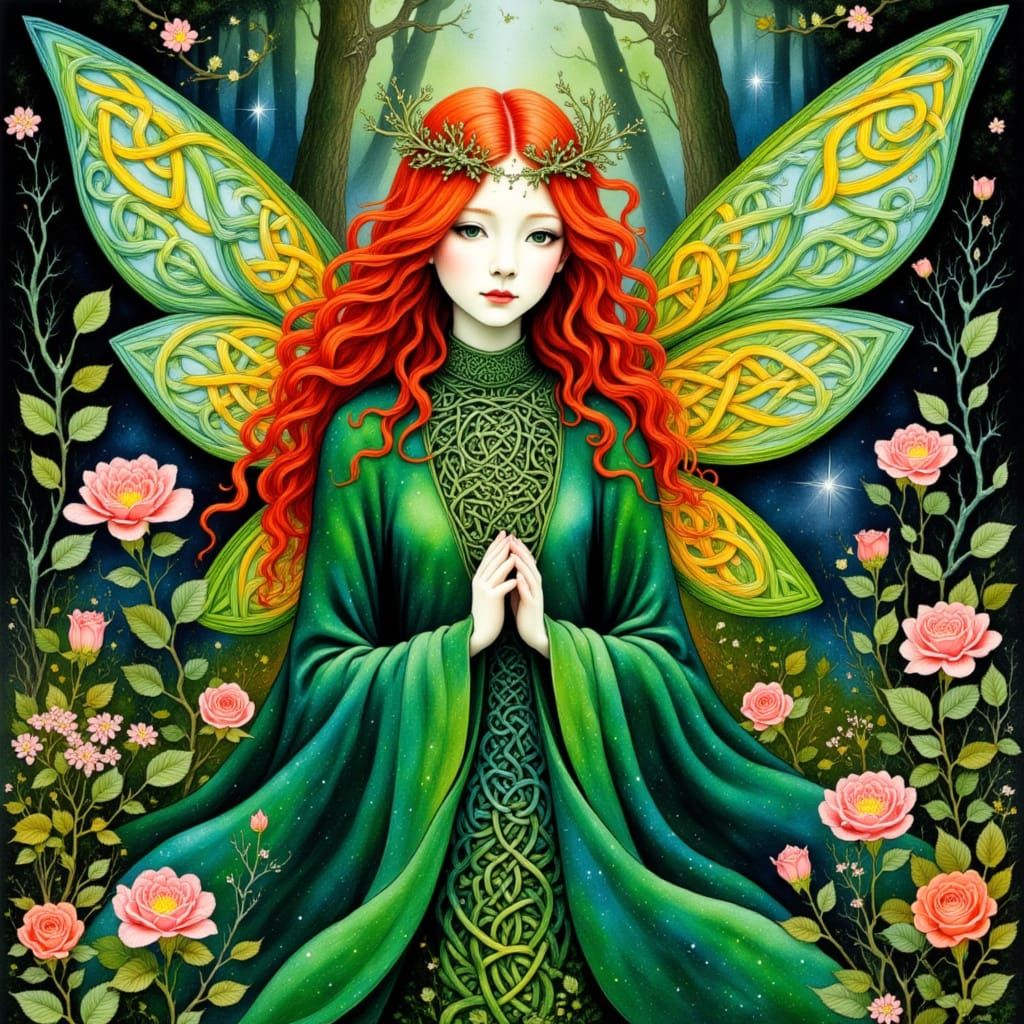Celtic Fairy with Knotwork Cloak in Mystical Forest