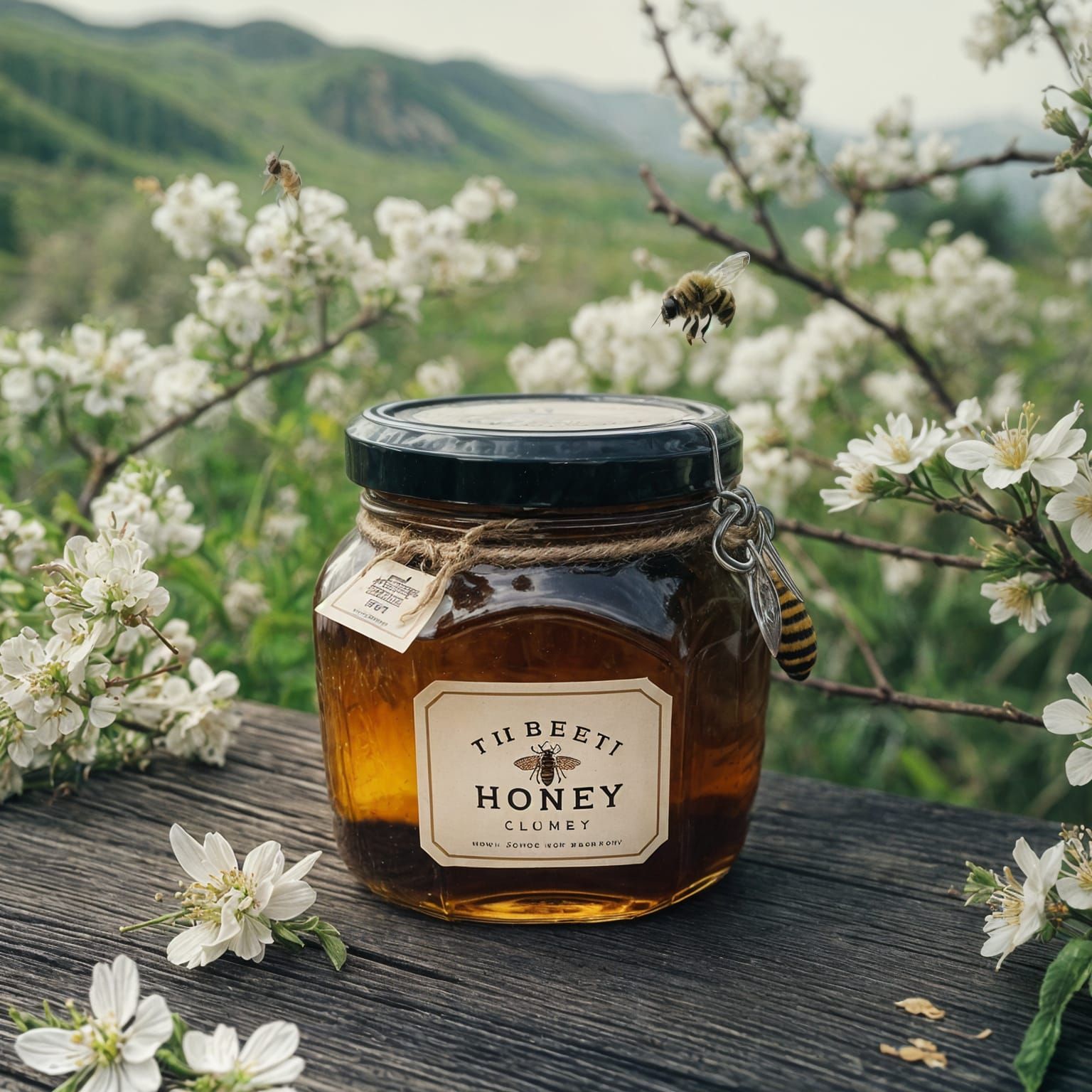 Vintage Honey Jar with Bee in Blossom Label