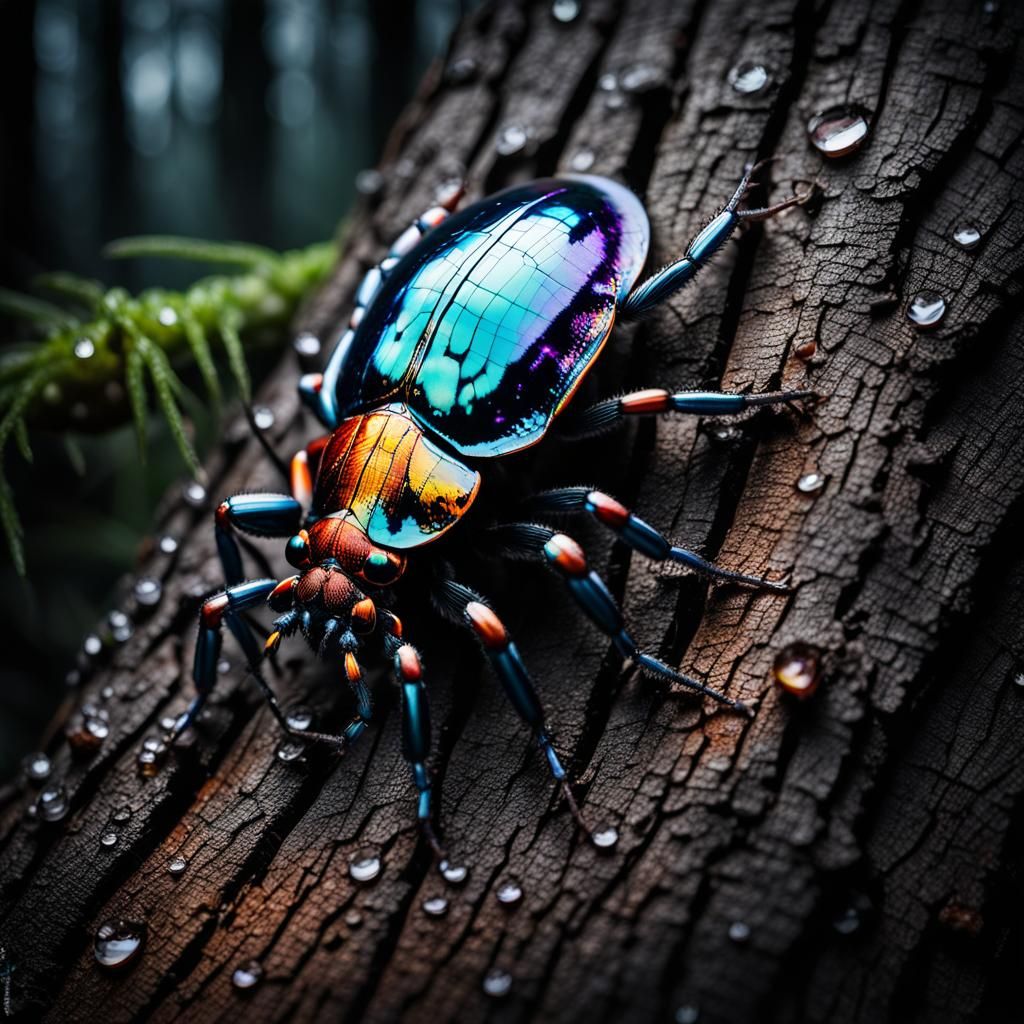 Shiny Metallic Bug Crawls on Dead Tree Trunk in Dark Forest