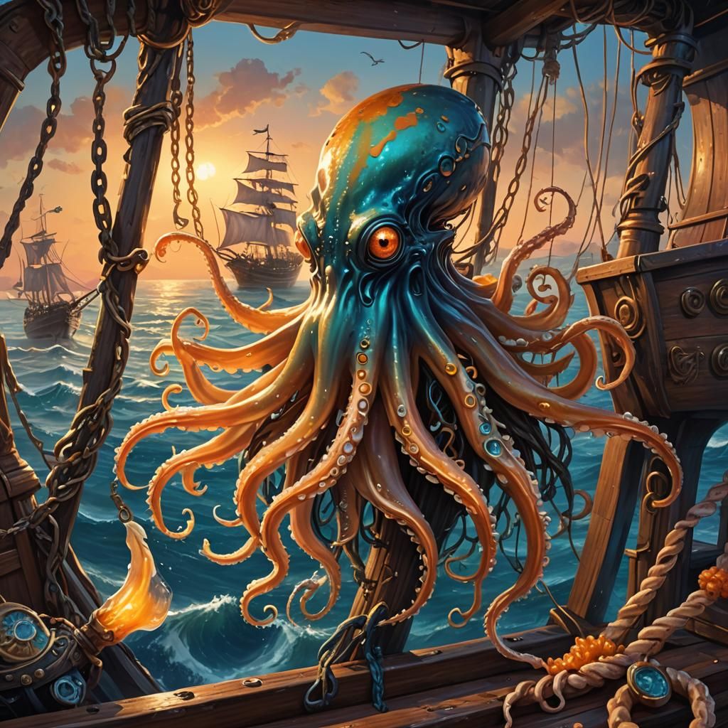 Squid Emerges from Pirate Ship Deck in Oil Painting