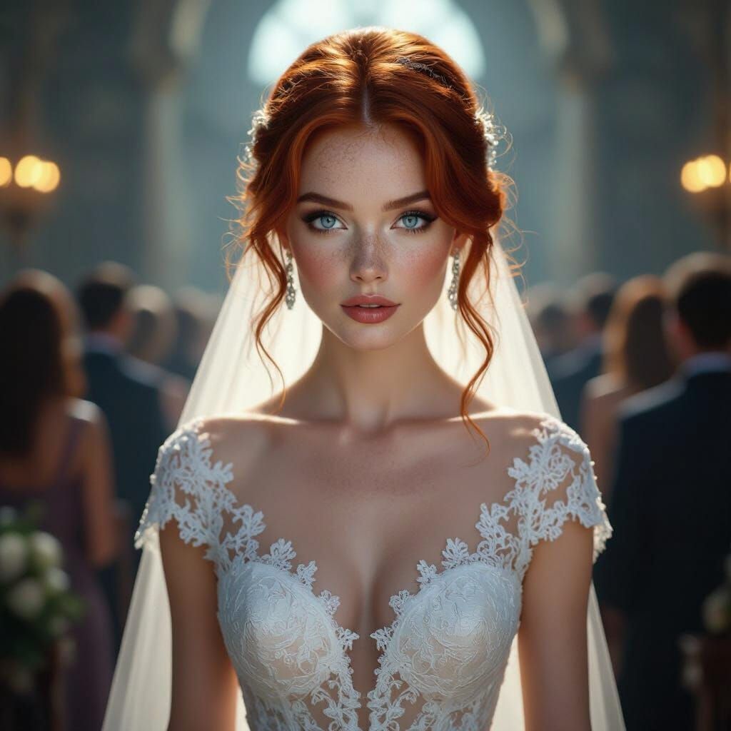 Redhead Bride in Lace Dress, Cinematic Wedding Scene