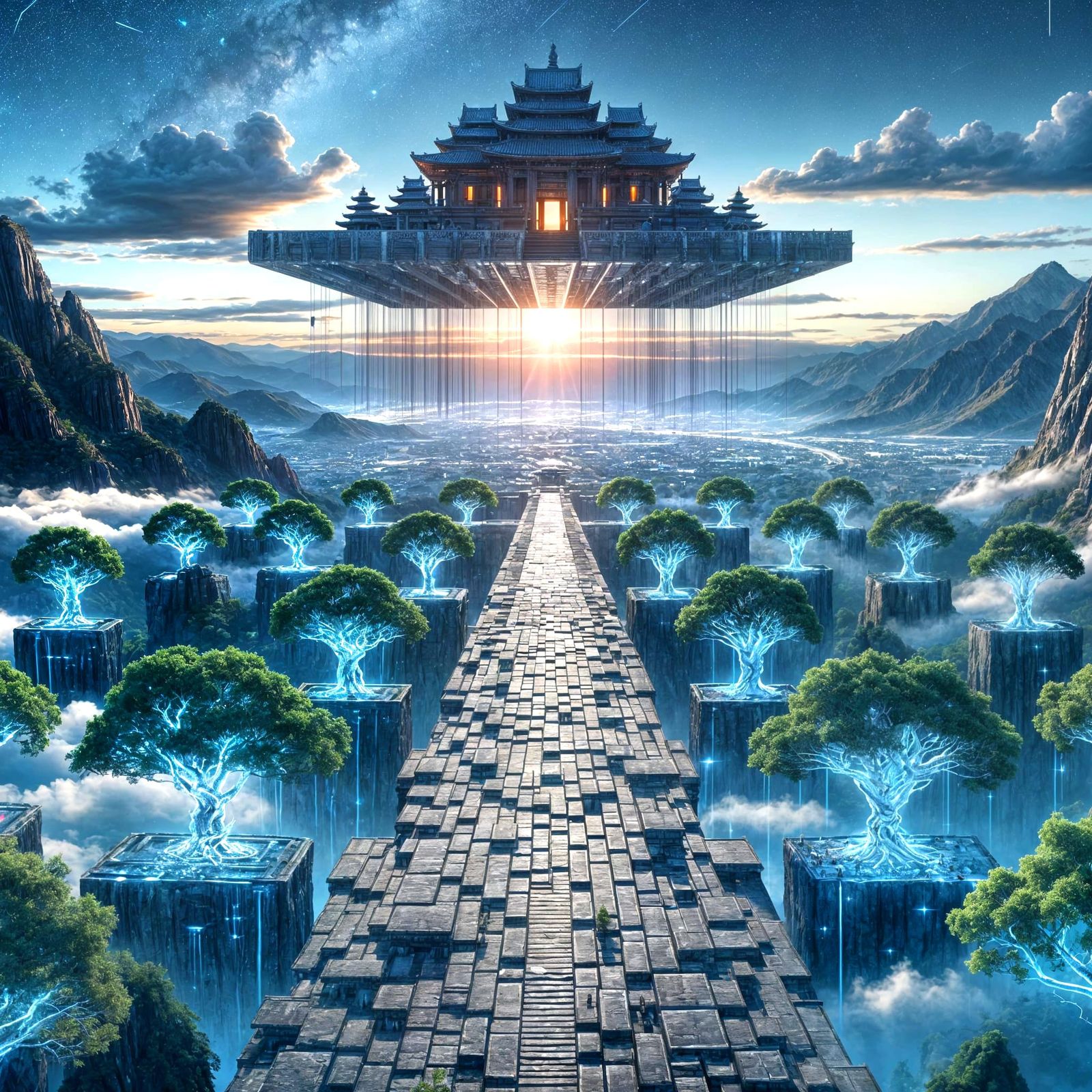 Futuristic Mountain Temple with Levitating Pathways