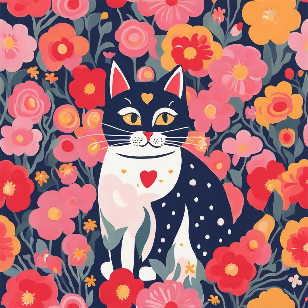 Cat Surrounded by Flowers in Michael Kidner Style
