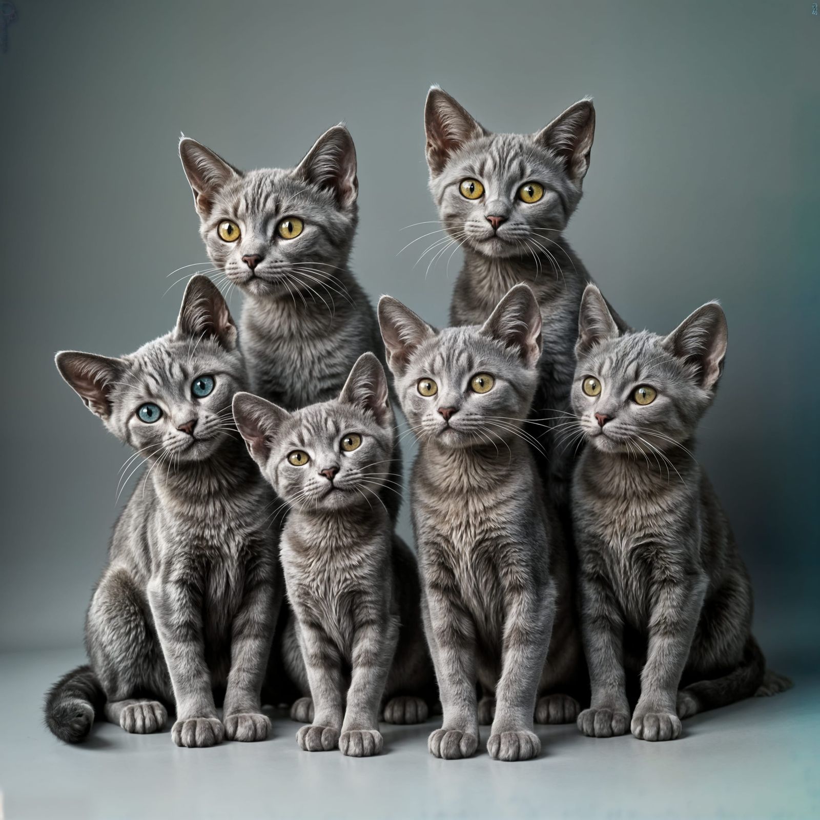 Loving Gray Cat Family Portrait in Golden Martian Style
