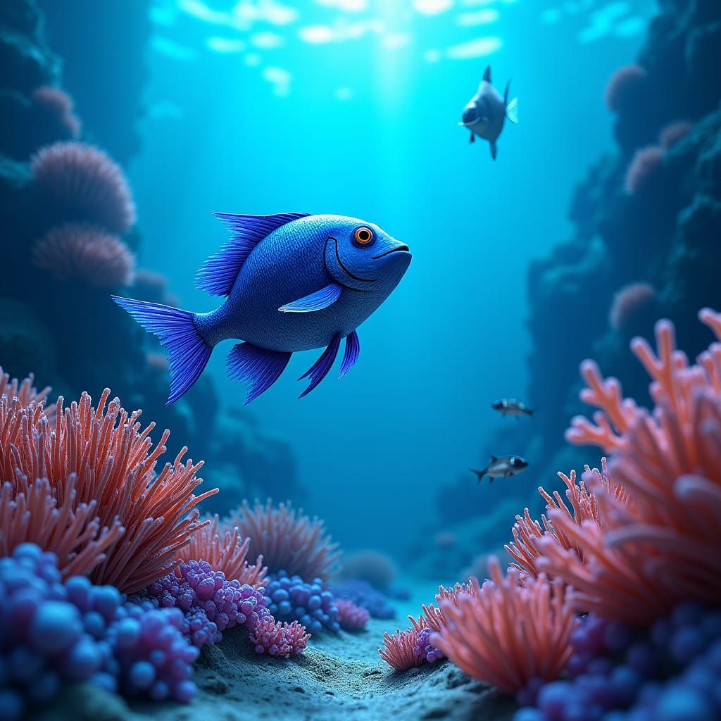 Blue Fish in Vibrant Coral Reef Fantasy Art