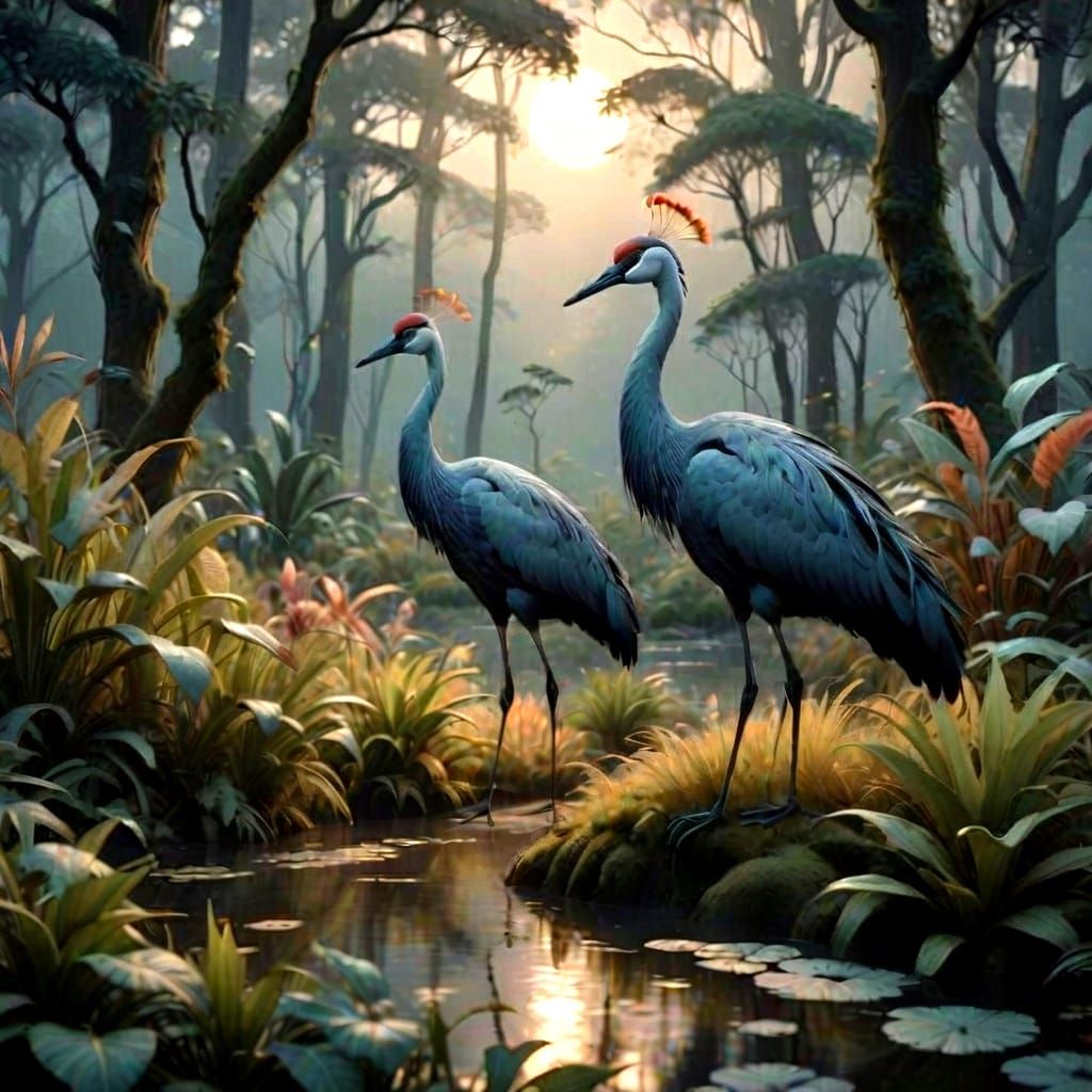 Australian Aboriginal Brolgas Dancing in Misty Forest, Portr...