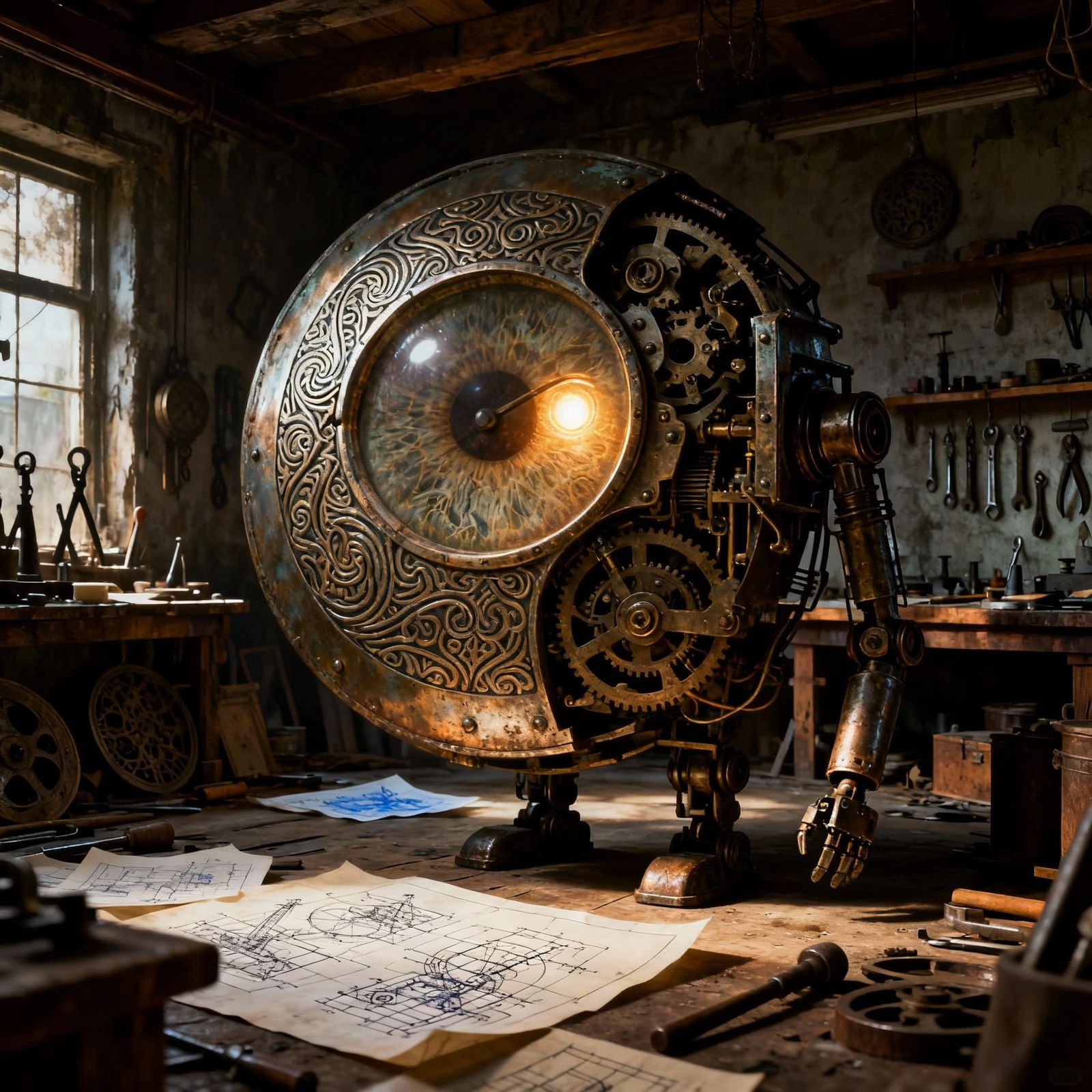 Surreal Clockwork Automaton Portrait with Glowing Eye