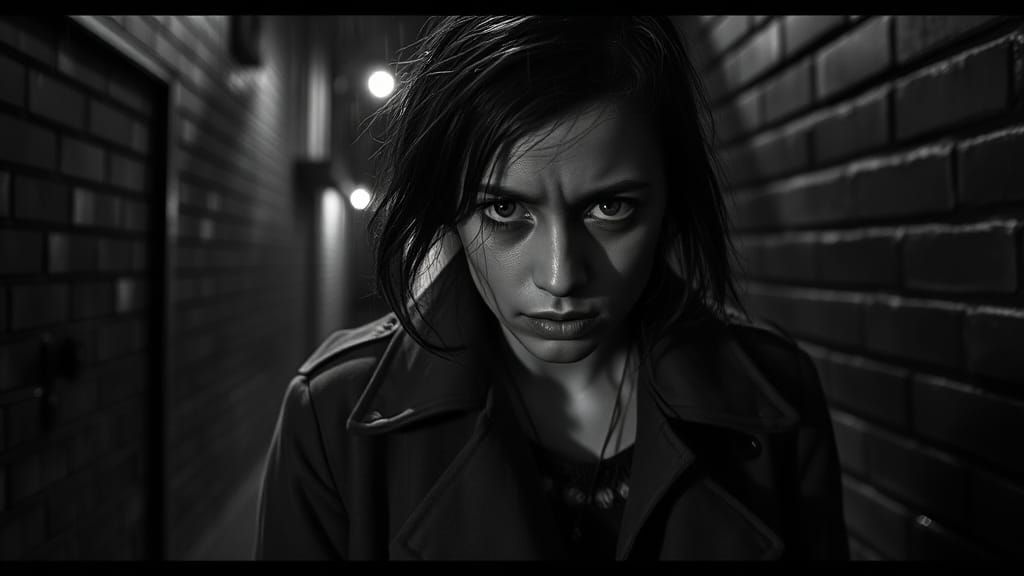 Distressed Woman in Noir Alleyway, German Expressionism