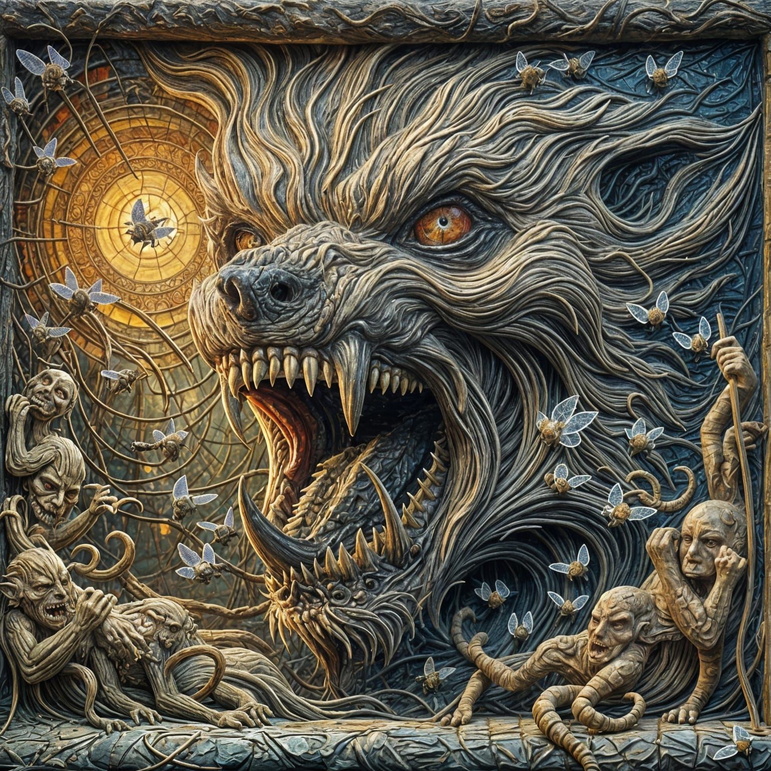 Horrific Werewolf Stained Glass in Impasto Style