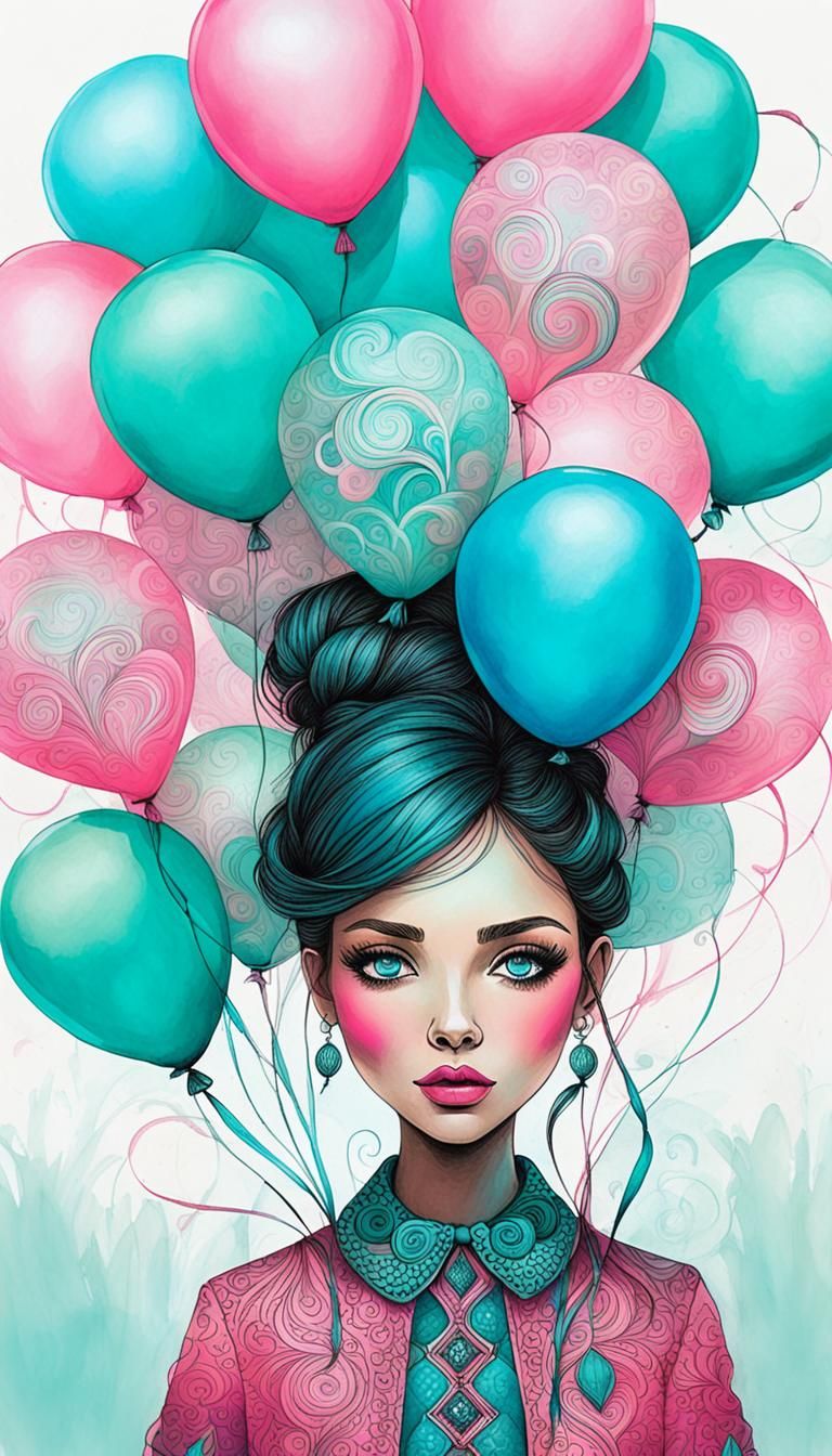 Girl with Balloons: Whimsical Alcohol Ink Illustration