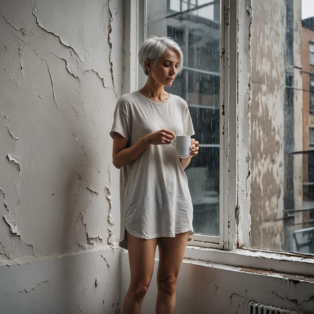 Dreamy Woman with Coffee in Watercolor Style