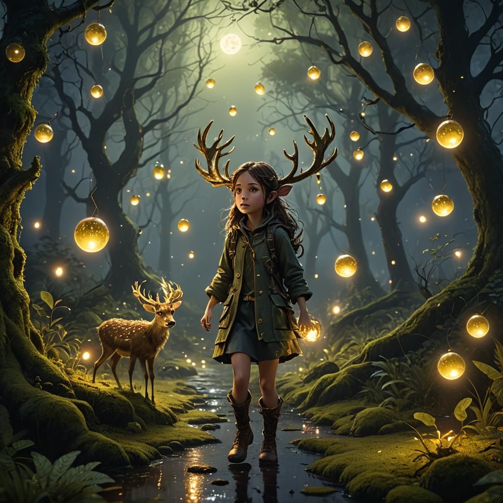 Child Leads Stag Through Moonlit Forest