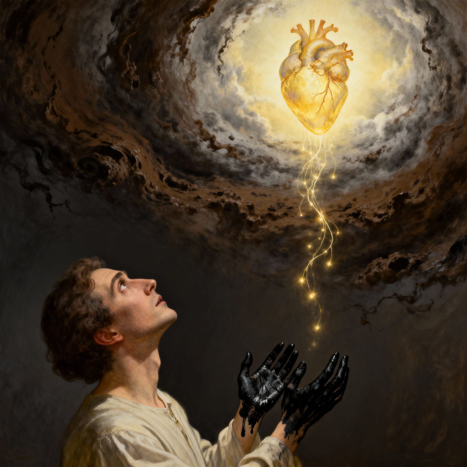 Surreal Poet Reaches for Ethereal Heart in Chiaroscuro