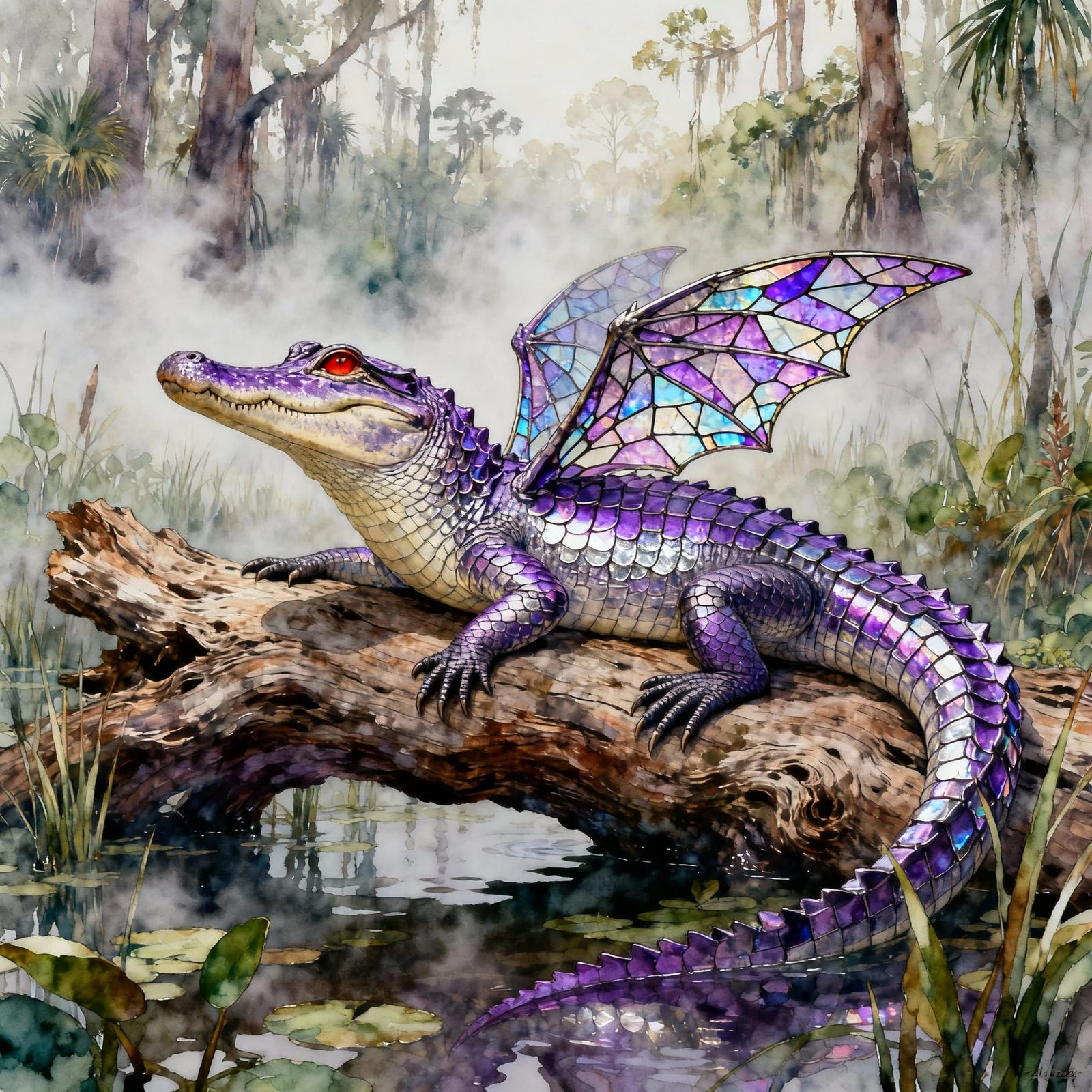 Alligator Dragon Hybrid in Florida Swamp, Watercolor Style