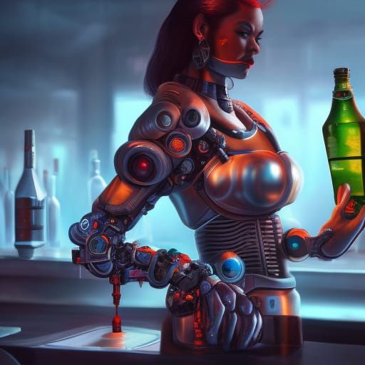 Cyborg Bartender Concept Art in Detailed Digital Painting