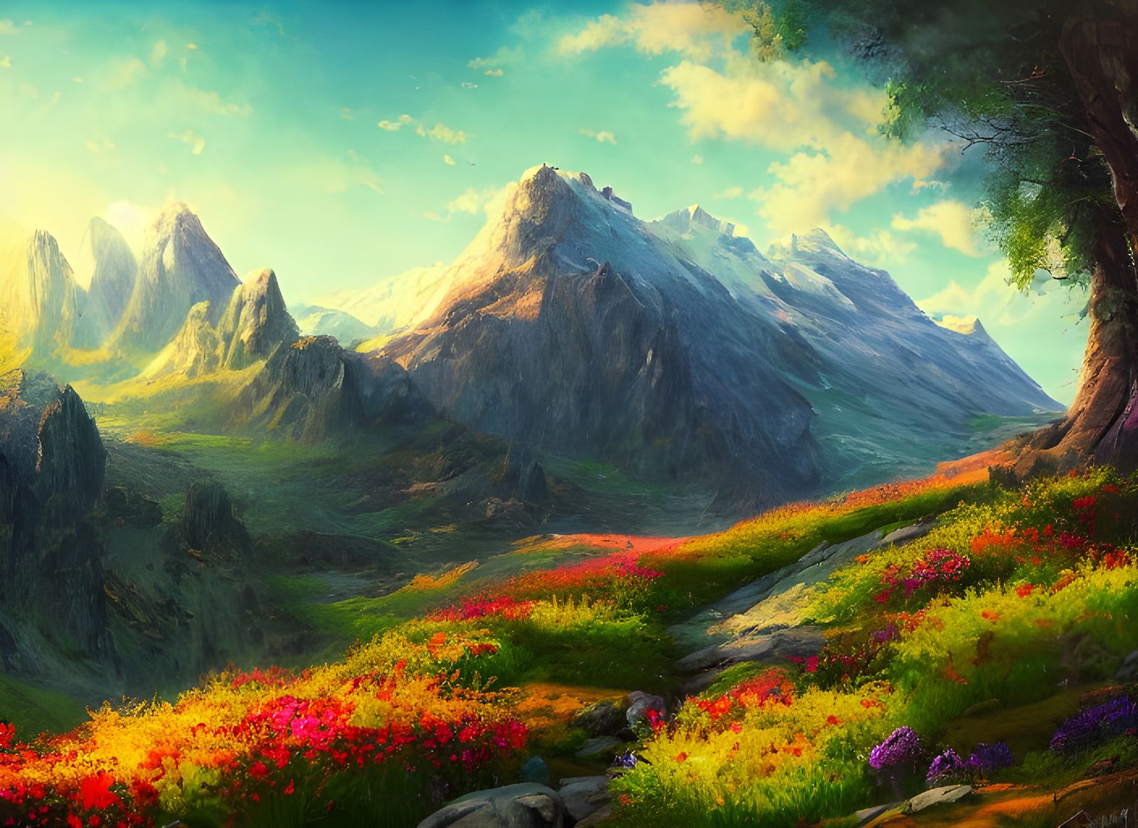 Beautiful mountain landscape by Andrew Tischler. Realism, 8k...