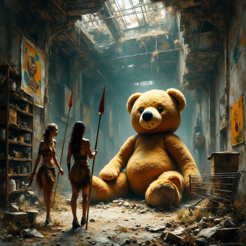 Apocalyptic Warehouse Scene with Giant Teddy Bear