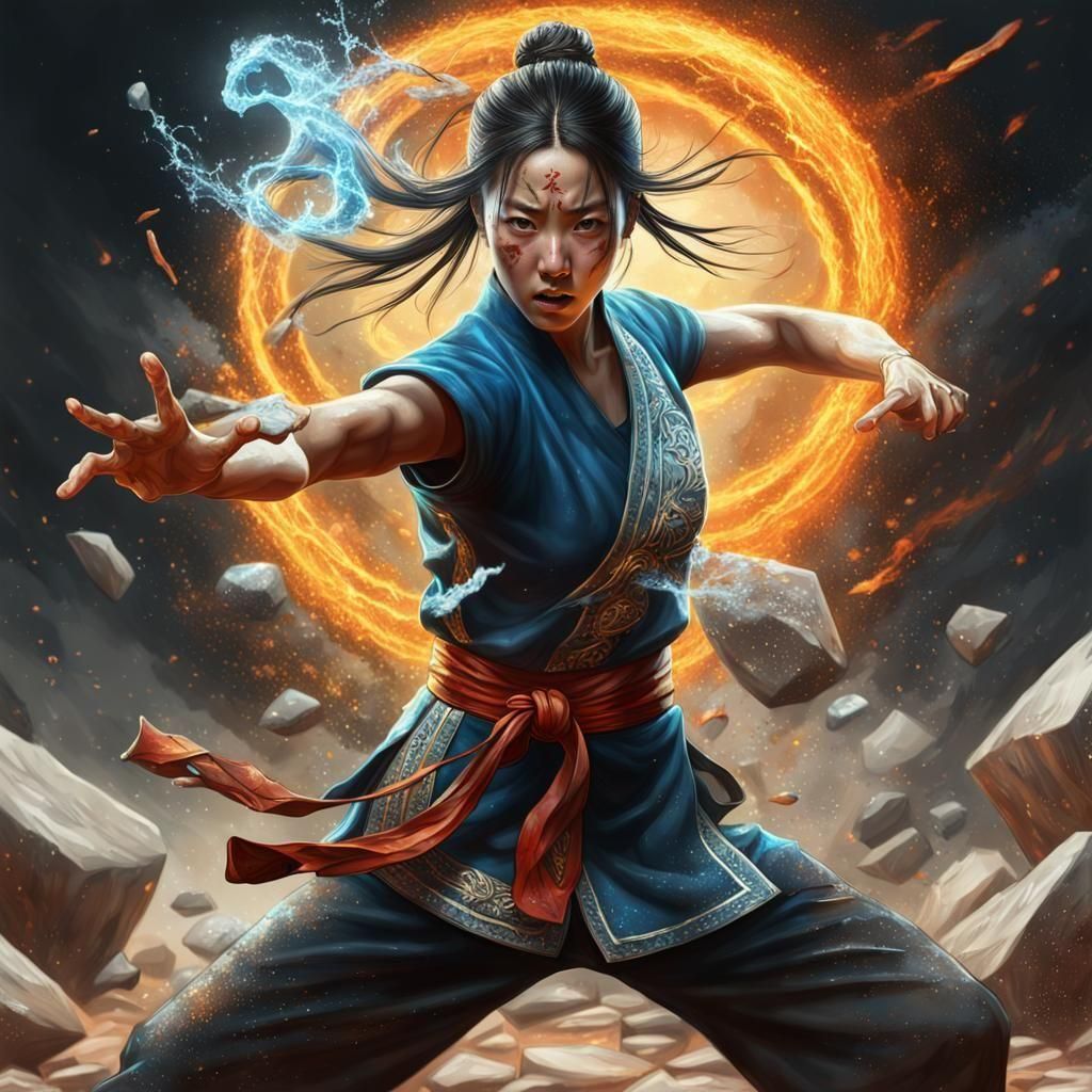 Slender girl kung fu master wielding the power of the elemen...